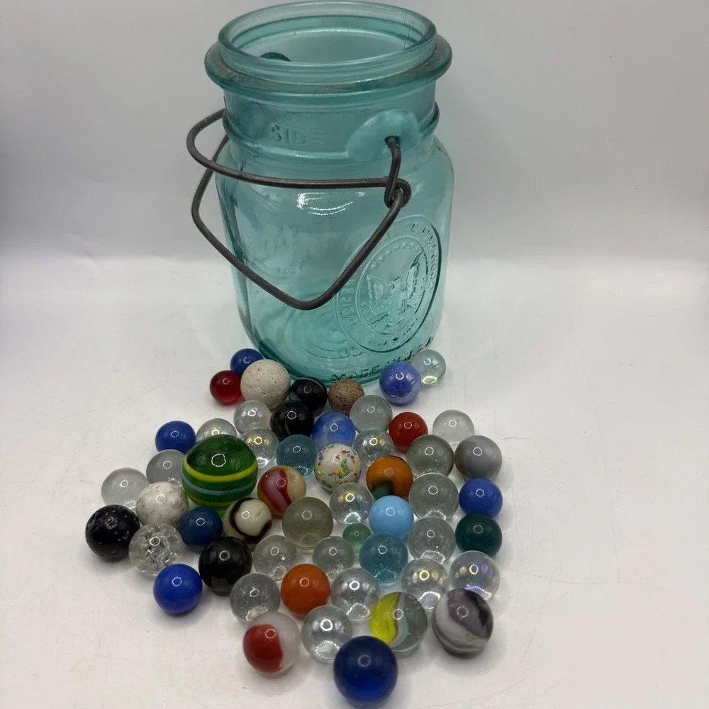 Lot Of Unique Vintage Marbles In Blue Mason Jar Some Glow- See Pics